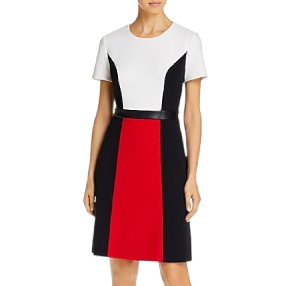 KARL LAGERFELD PARIS Women's Color Block Scuba Crepe Dress Leather Trim Size 12